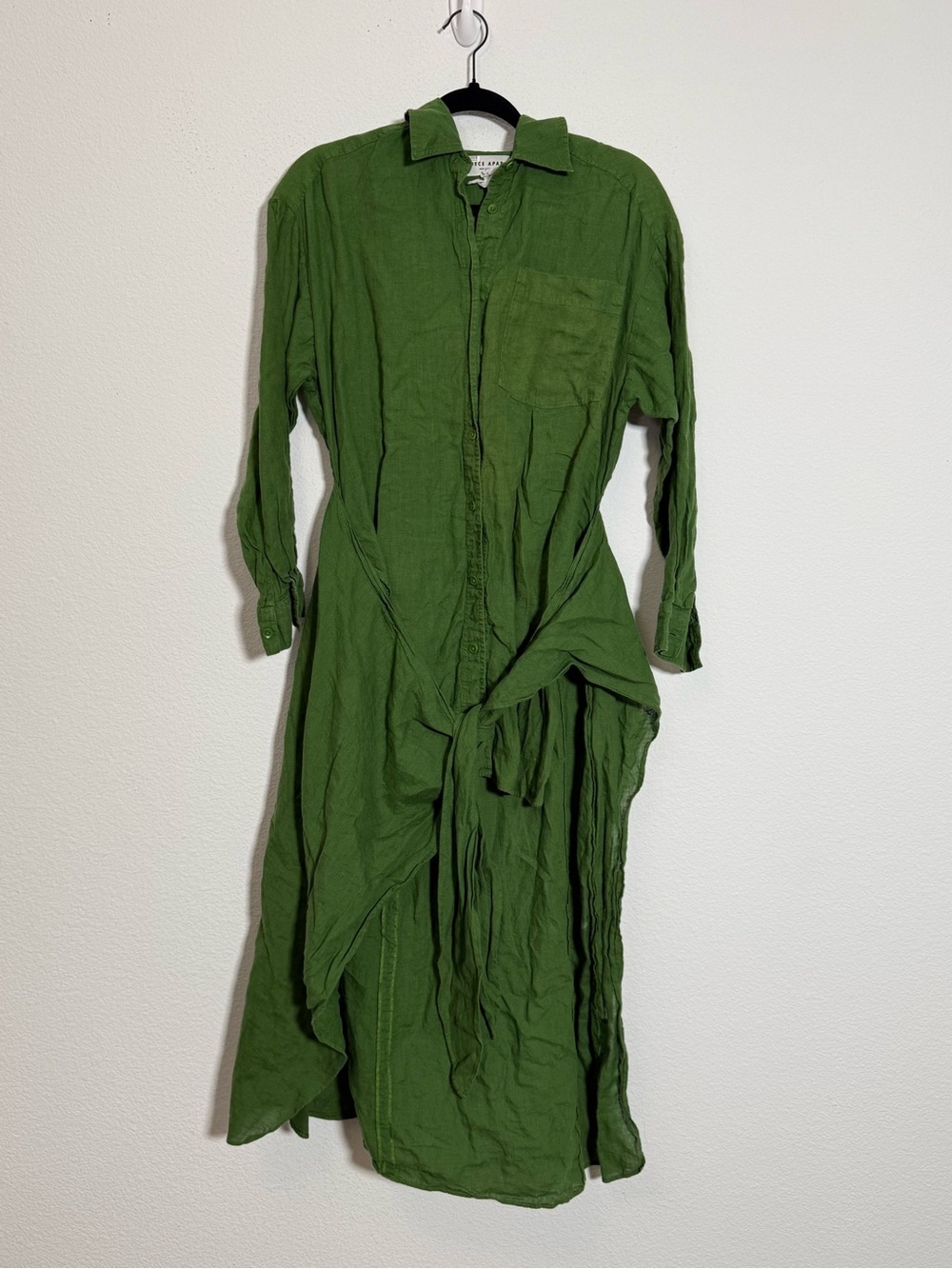 A Piece Apart Green Linen Shirt Dress Midi Tie Waist Button Front Cottagecore